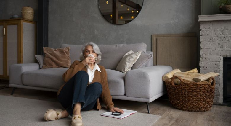 Ältere Dame entspannt mit Tee vor der Couch beim Lesen